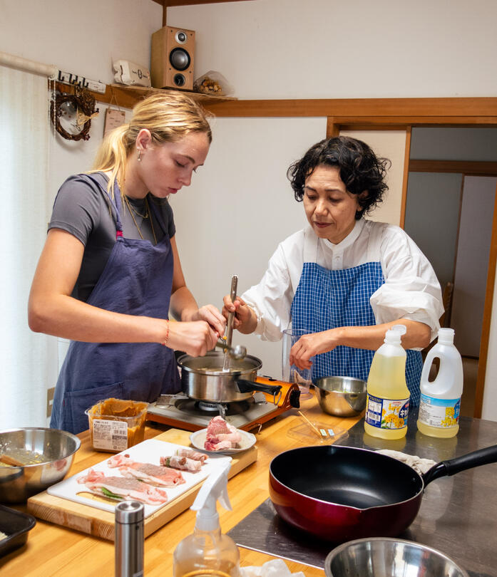 Tonkatsu being cooked by Tomoko-san and a student in Saitama Tokyo